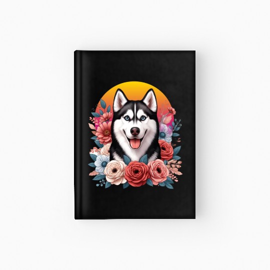 Husky dog with floral backdrop Hardcover Journal