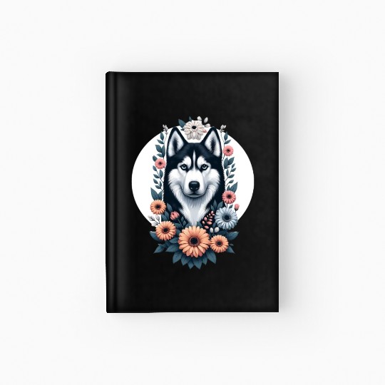 Husky dog with floral backdrop Hardcover Journal