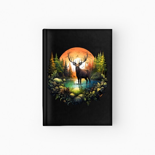 Reindeer between trees river and nature Hardcover Journal