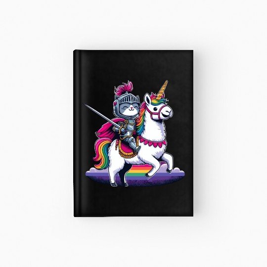 Happy Funny Cat Knight Riding Unicorn Llama Alpaca Hardcover Journal