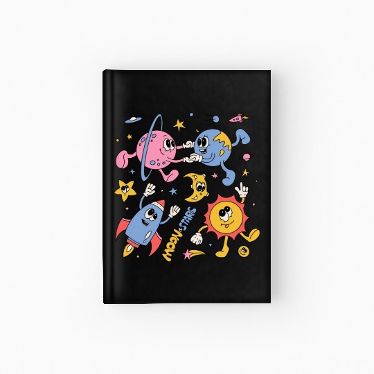 Solar System Planets Moon Sun Saturn Cute Groovy Hardcover Journal