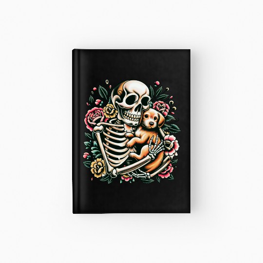 Skeleton Cute Puppy Dog Floral Old School Vintage Hardcover Journal
