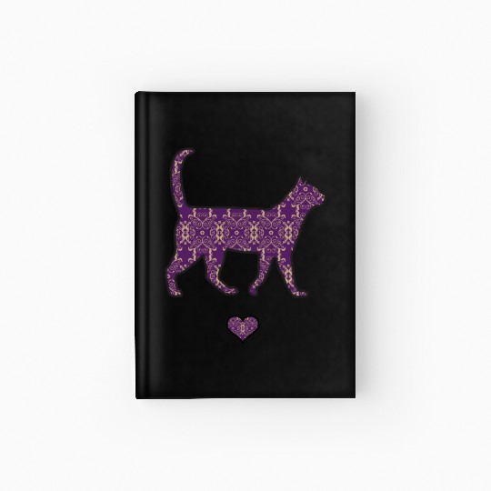 Purple Cat Damask Style Love Heart Cute Silhouette Hardcover Journal