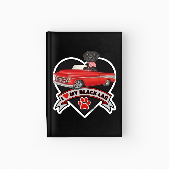 Cute black lab in classic truck inside a heart Hardcover Journal