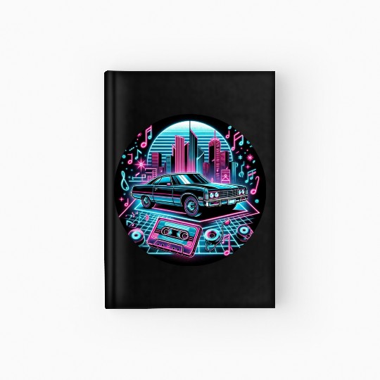 Retro Vintage Car & Cassette Tape Neon Design Hardcover Journal