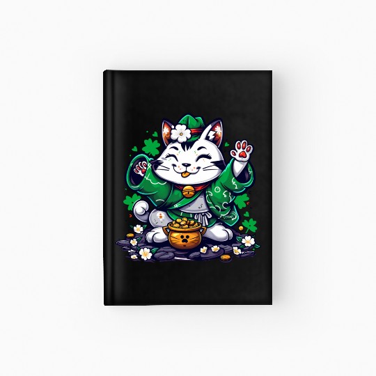 Kawaii St Patricks Day Cat With a Pot Of Gold Hardcover Journal