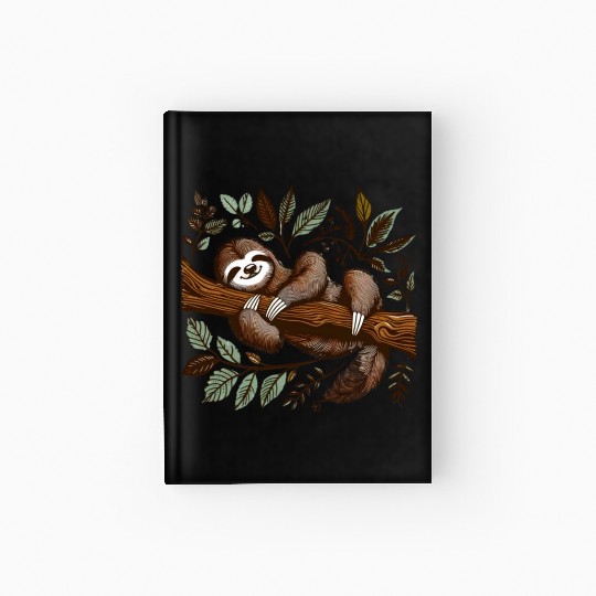 A sloth is sleeping on a tree branch Hardcover Journal .