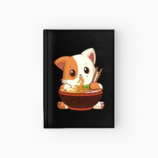 Cute anime cat eating ramen noodles Hardcover Journal