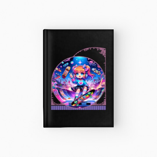 Kawaii Anime Girl's Retro Skateboard Jam Neon Hardcover Journal
