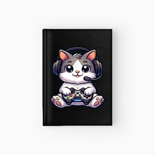 Cute Gaming Cat Playing Console Video Game Hardcover Journal
