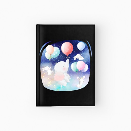 Elephant And Rabbit Flying To Space Using Balloon Hardcover Journal