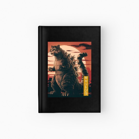 Funny Cute Cat Art Japanese Sunset Retro Catzilla Hardcover Journal