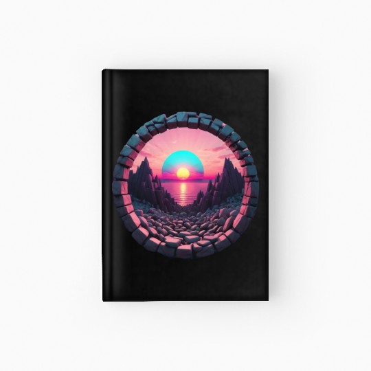 Synthwave Rocky landscape with Setting Sun Hardcover Journal