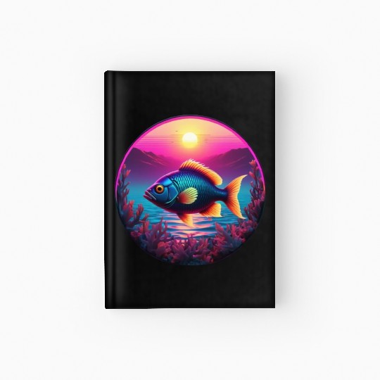 Synthwave Fish and Coral and a Sunset and Ocean Hardcover Journal
