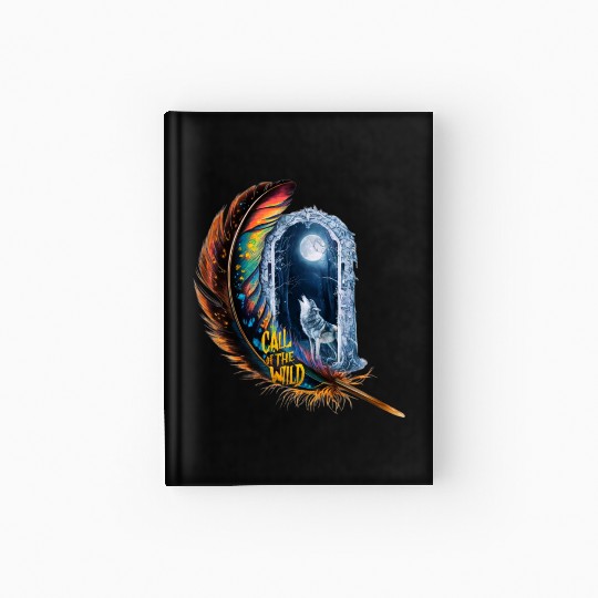 Glowing feather with wolf howling at the moon Hardcover Journal
