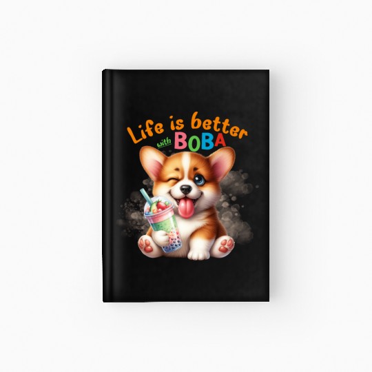 Corgi with BOBA tea Milk TEA Bubble tea Hardcover Journal