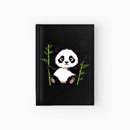 A pixel art of a panda with a bamboo leaf Hardcover Journal