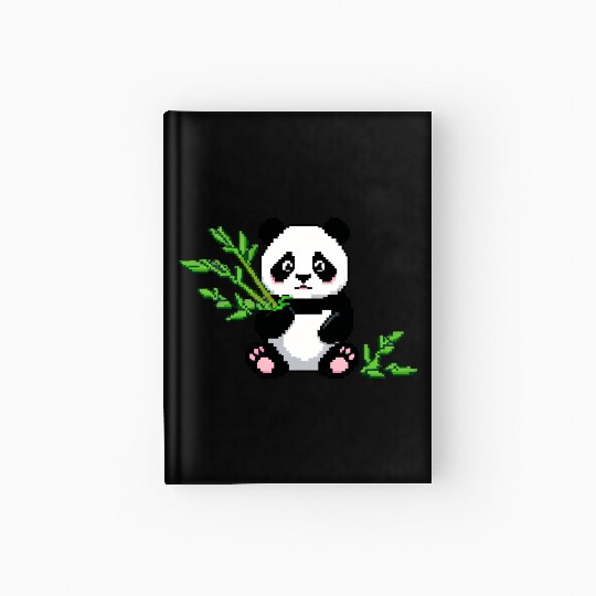 A pixel art of a panda with a bamboo leaf Hardcover Journal