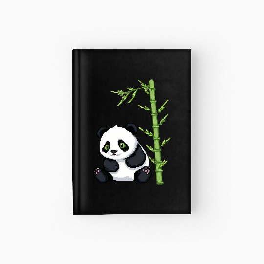 A pixel art of a panda with a bamboo leaf Hardcover Journal