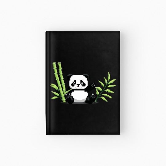 A pixel art of a panda with a bamboo leaf Hardcover Journal