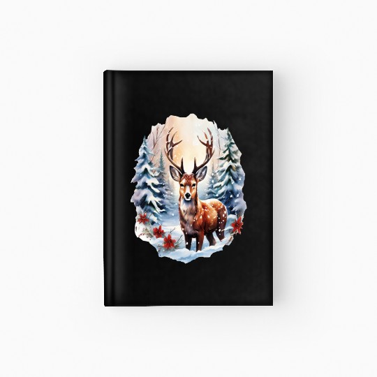Christmas Deer with Poinsettia and Snow Hardcover Journal