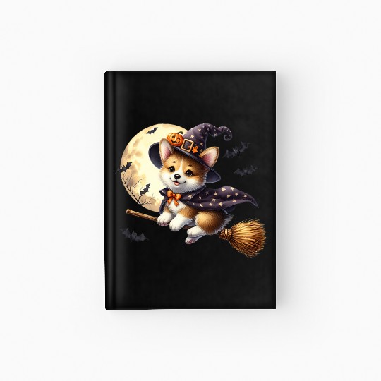 Corgi Witch Flying on Broom Halloween Moon Bats Pr Hardcover Journal