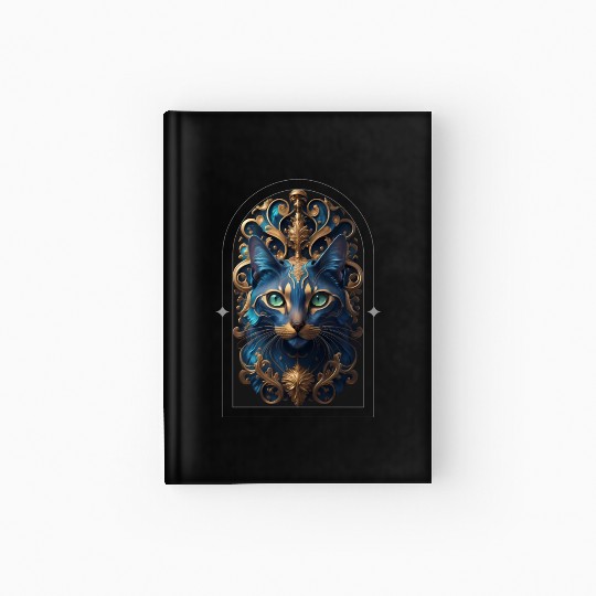 Elegant stylish blue and gold cat face Hardcover Journal