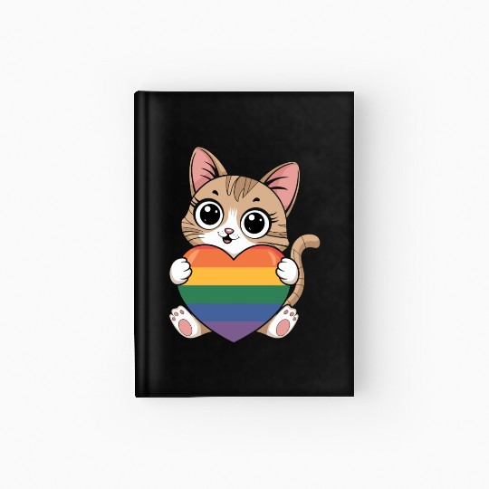 Cute Cat Holding Rainbow Heart LGTBQ Hardcover Journal