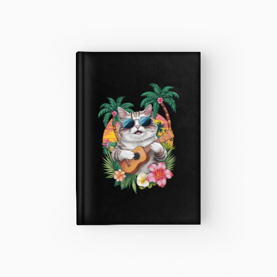 Cat Ukulele Sunglasses Tropical Vibes Hardcover Journal