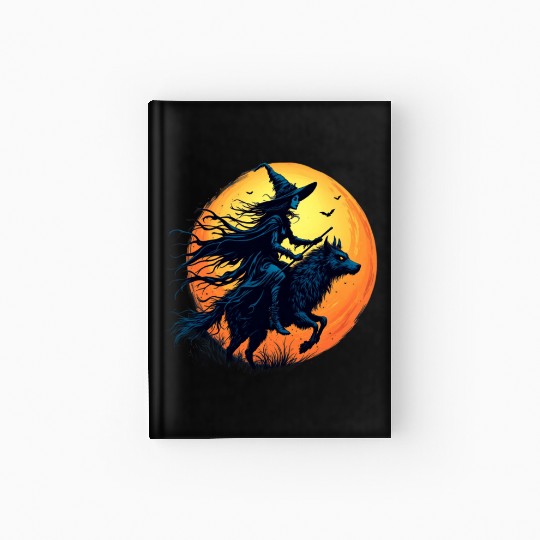 Halloween Witch Riding a Wolf Under Full Moon Hardcover Journal