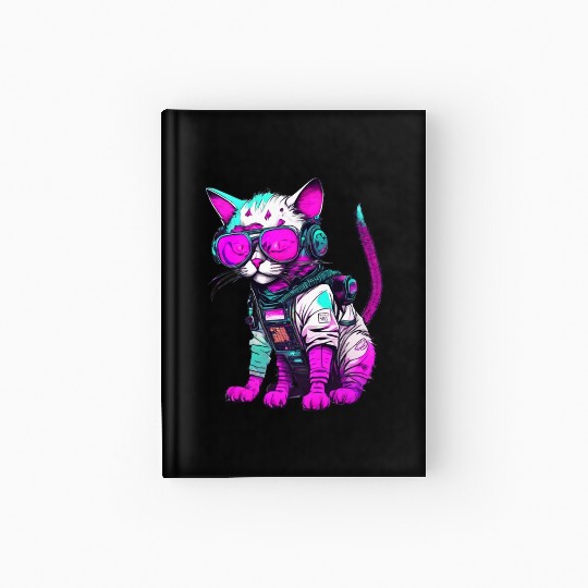 Punk Space Cat with Neon Goggles Hardcover Journal