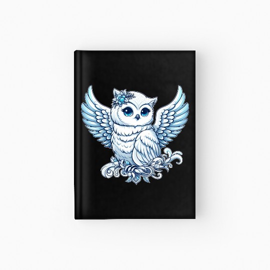 Cute snowy owl blue eyes angel wings cartoon Hardcover Journal