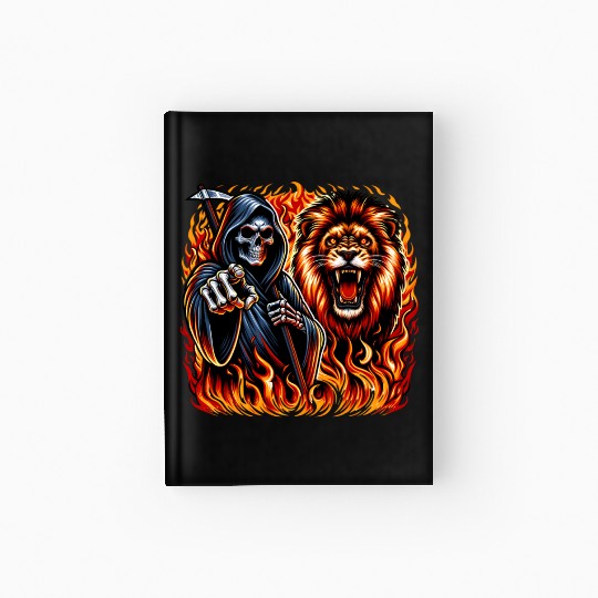 Hooded Skeleton and Roaring Lion in Fiery Flames Hardcover Journal