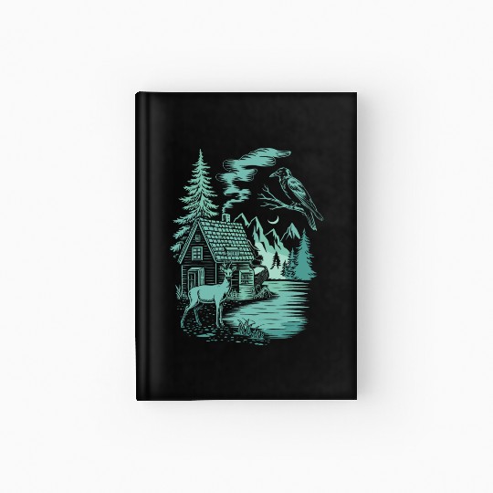 Dark Cottagecore Forest Scene with Cabin, Deer, Hardcover Journal