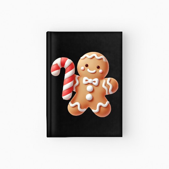 Happy gingerbread man with candy cane Hardcover Journal