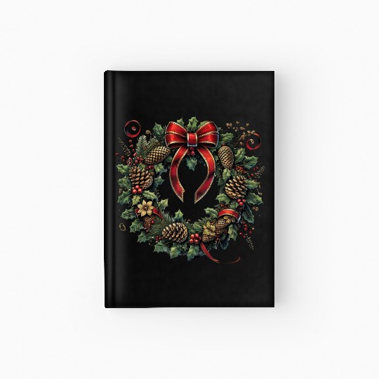 Rustic Christmas Wreath with Holly and Pine Cones Hardcover Journal