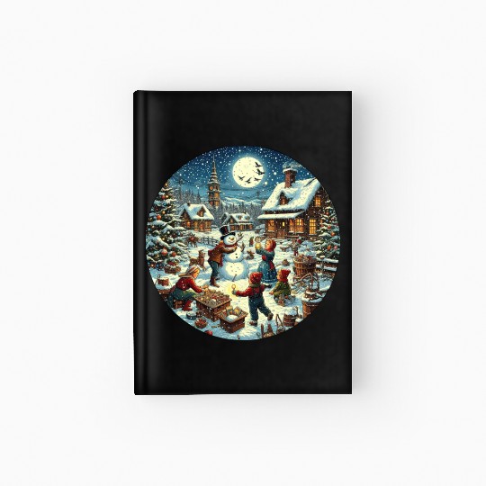 Vintage Christmas Card with Snowman and Children Hardcover Journal