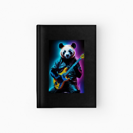 Panda playing guitar neon art Hardcover Journal