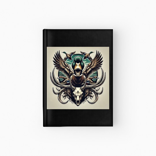 Mallard duck flying over deer skull in marsh Hardcover Journal