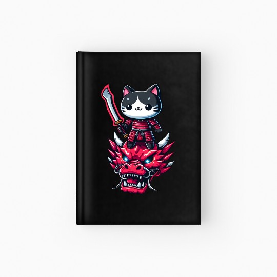 Samurai Cat with Sword on Dragon in Epic 3D Effect Hardcover Journal