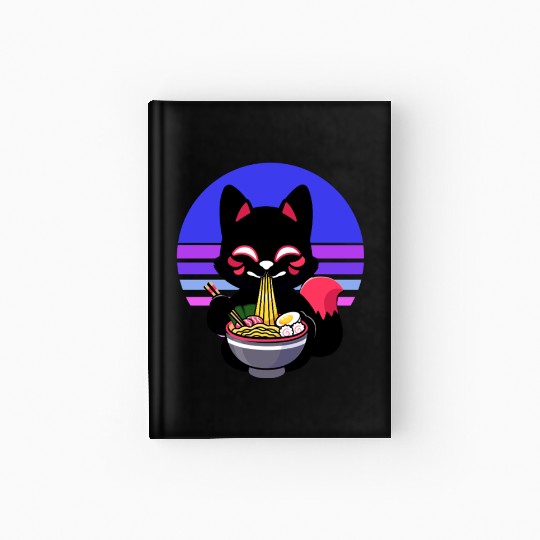 Cat Eating Ramen Noodles Kawaii Anime Japanese Hardcover Journal