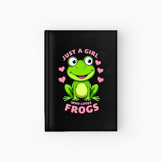 A cute cartoon illustration of a happy green frog Hardcover Journal