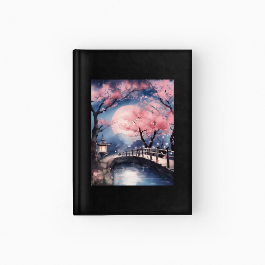 Watercolor cherry blossom festival full moon Hardcover Journal
