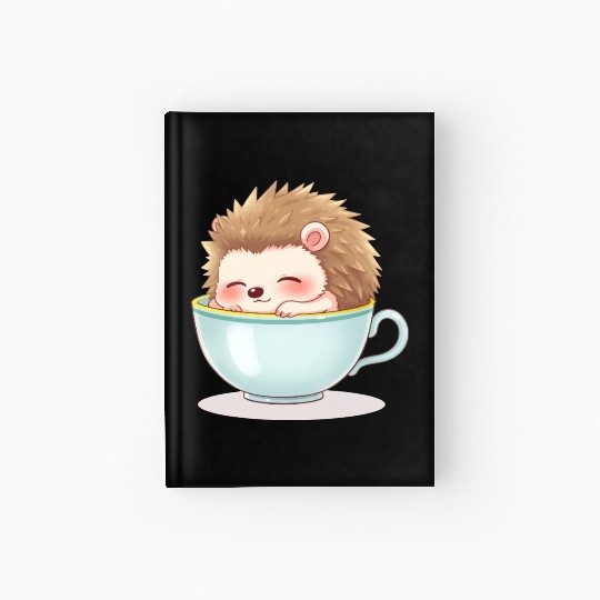 Cute hedgehog relaxing in a light blue cup Hardcover Journal