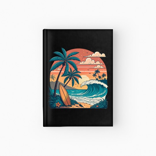 Tropical Paradise Sunset Surfing and Palm Trees Hardcover Journal