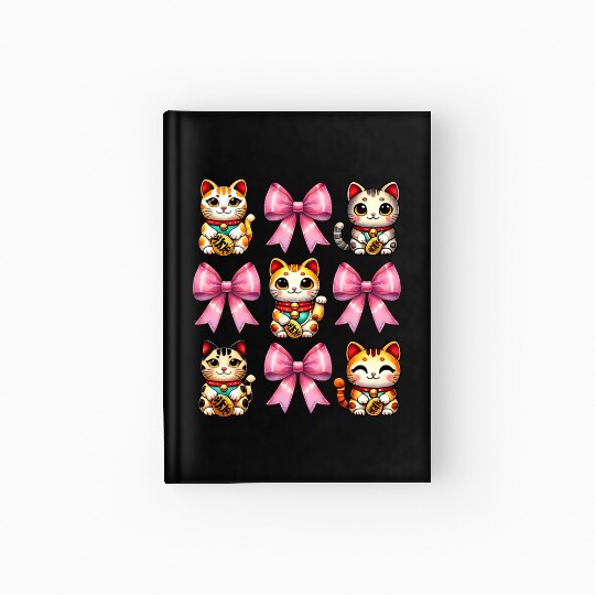 Coquette Bow Maneki Neko Japanese Cat Lucky Pink Hardcover Journal