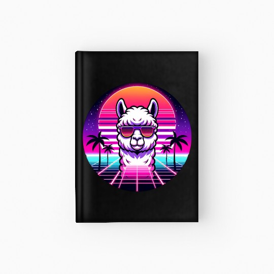 Retro Cool Llama with Neon Sunset Vibes Hardcover Journal