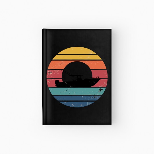 Sunset Boat Silhouette in Striped Retro Colors Hardcover Journal