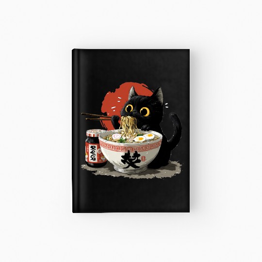 Black Cat Eating Ramen Japanese Funny Cat Hardcover Journal