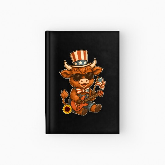 Funny Highland Cow Patriotic Outfit Playing Guitar Hardcover Journal